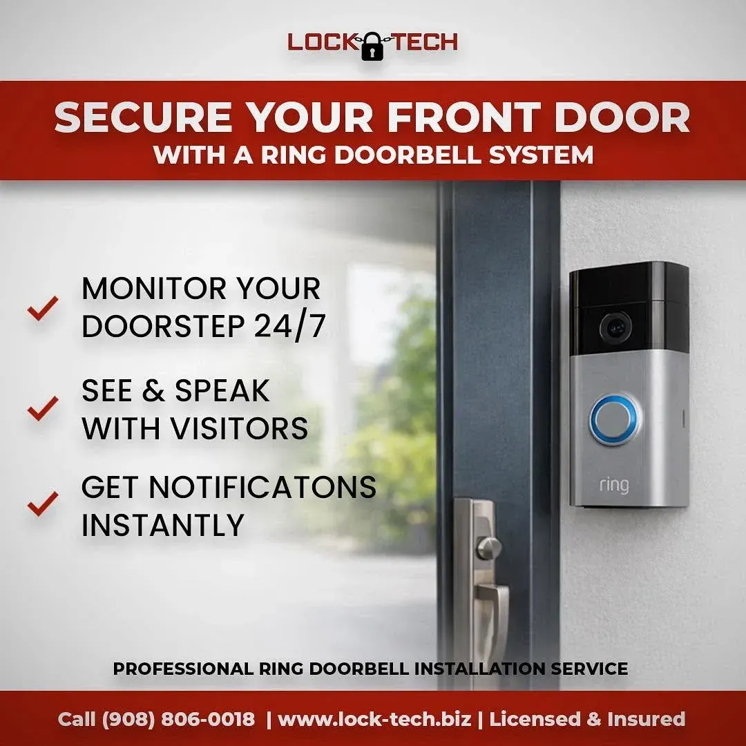 Lock-Tech graphic for Ring video doorbell installation: monitor your doorstep 24/7 and speak with visitors
