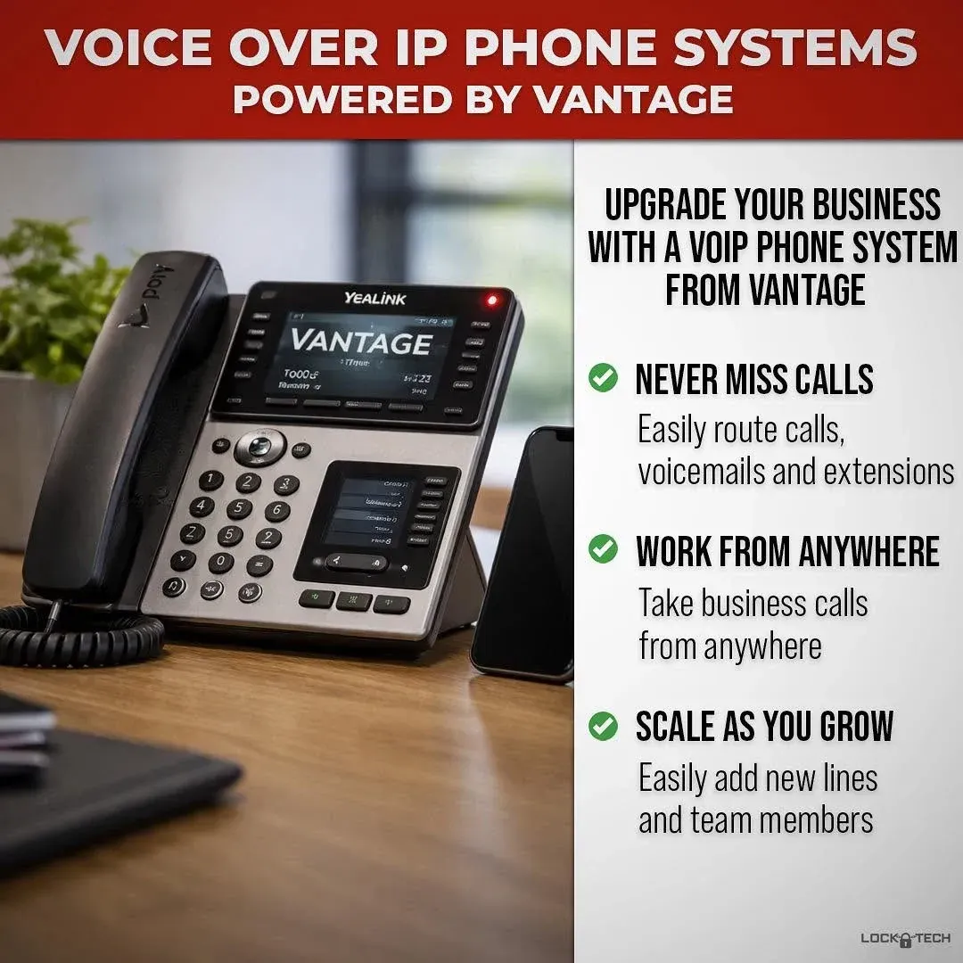 Lock-Tech graphic for Vantage VoIP phone systems, showing a desk phone: never miss calls, work from anywhere