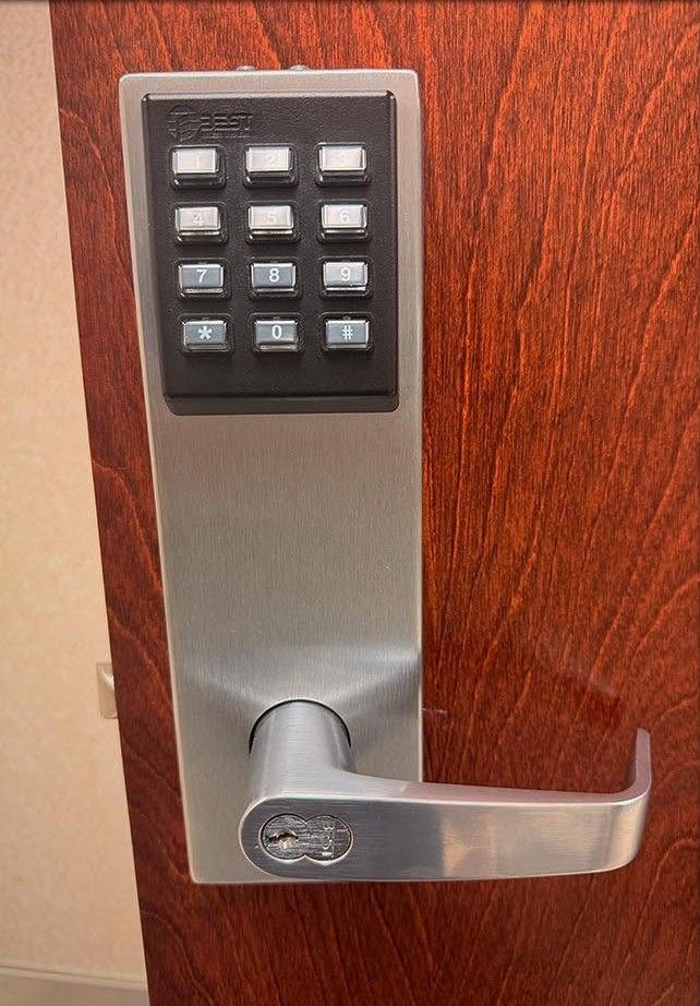 Keypad lever lock on a commercial door, typical of the downtown Somerville, NJ hardware we service overnight